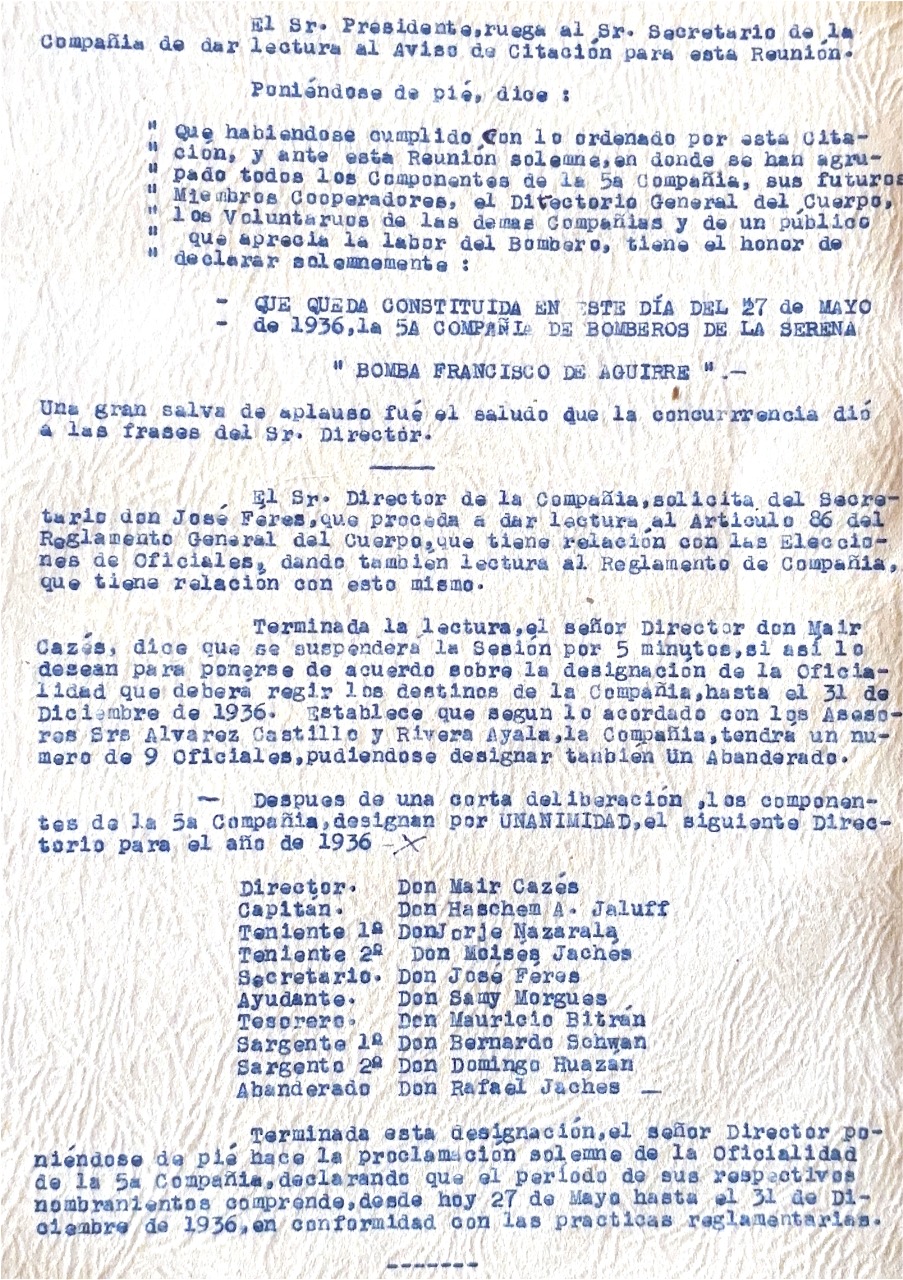 Acta de Fundación de la Quinta Compañía